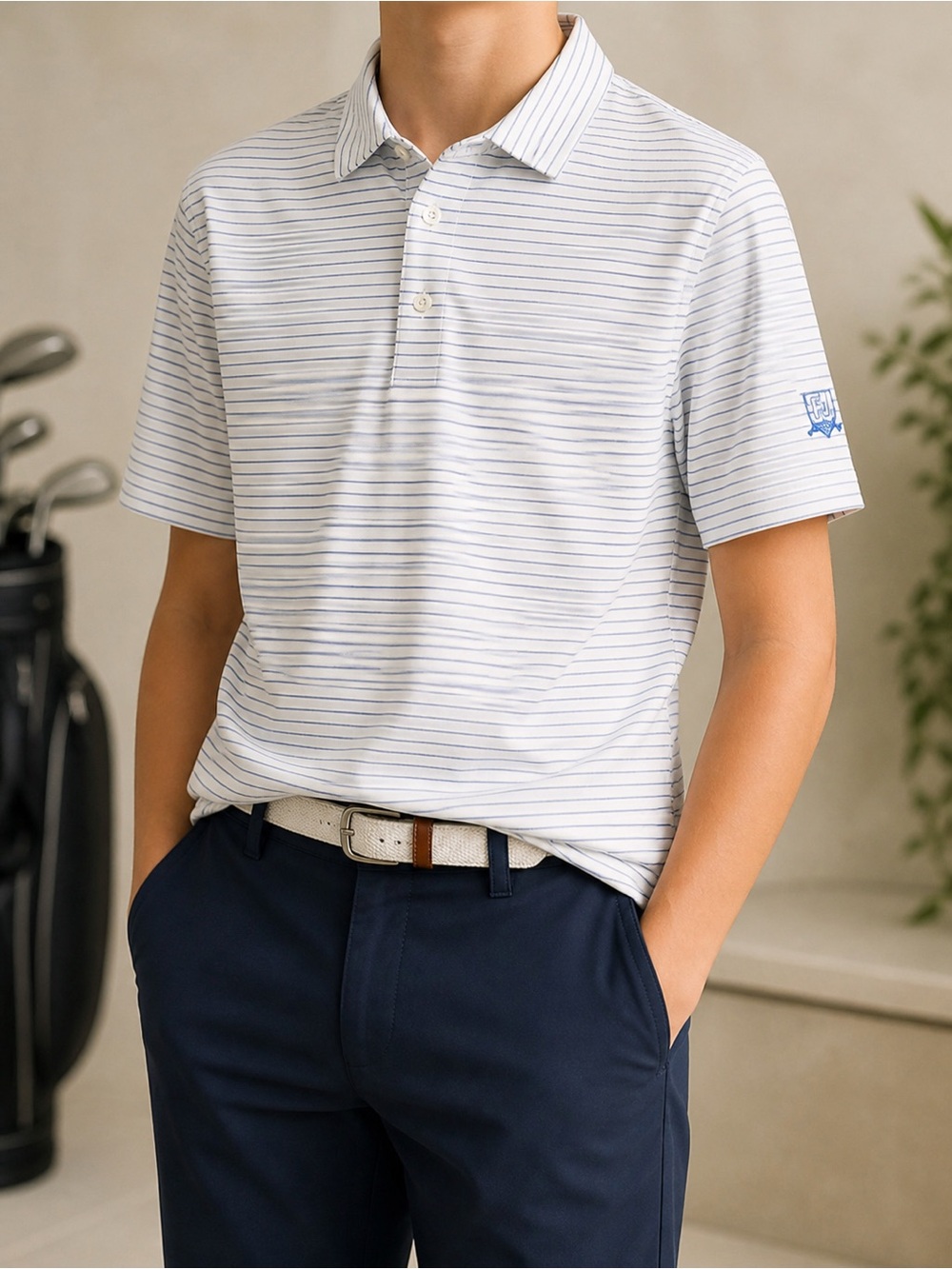 FootJoy Juniors XL Blue White Striped Golf Polo Shirt Performance Short Sleeve